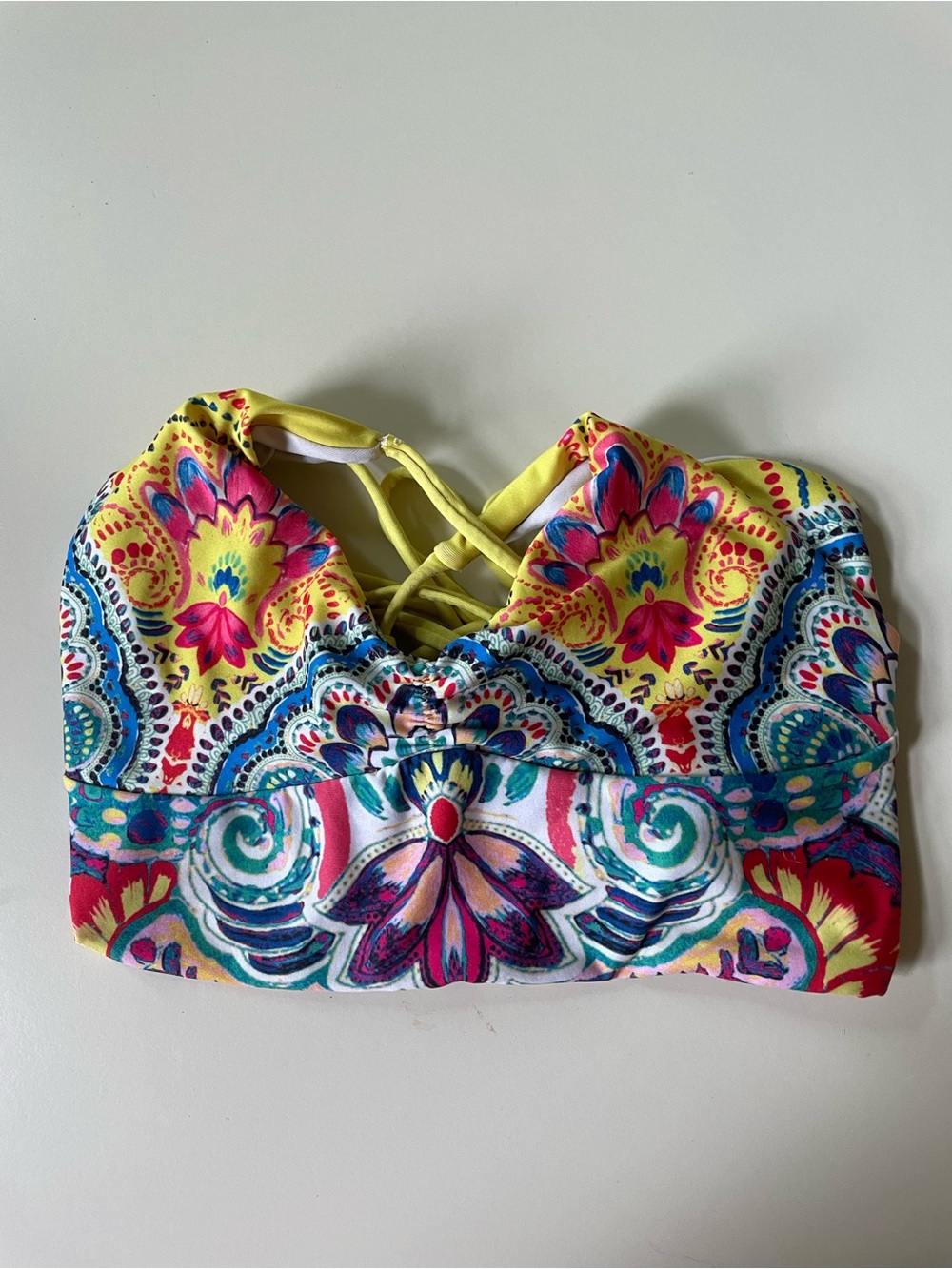 PilyQ White Swim Top with Yellow Trim and Multicolor Floral Detail